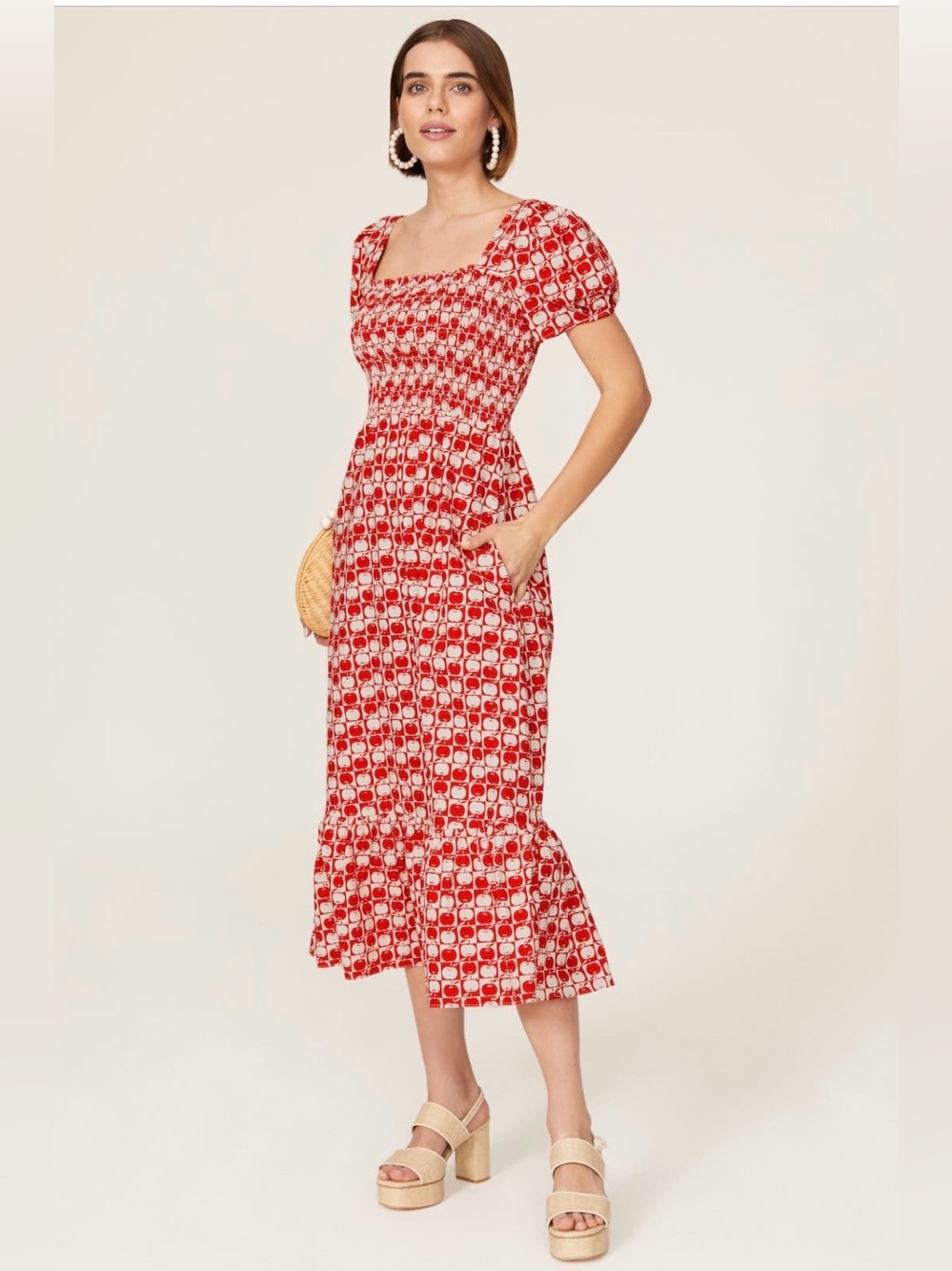 HVN~Smocked Fromer Red Printed Midi Dress with Puff Sleeves~Size 4~$495~